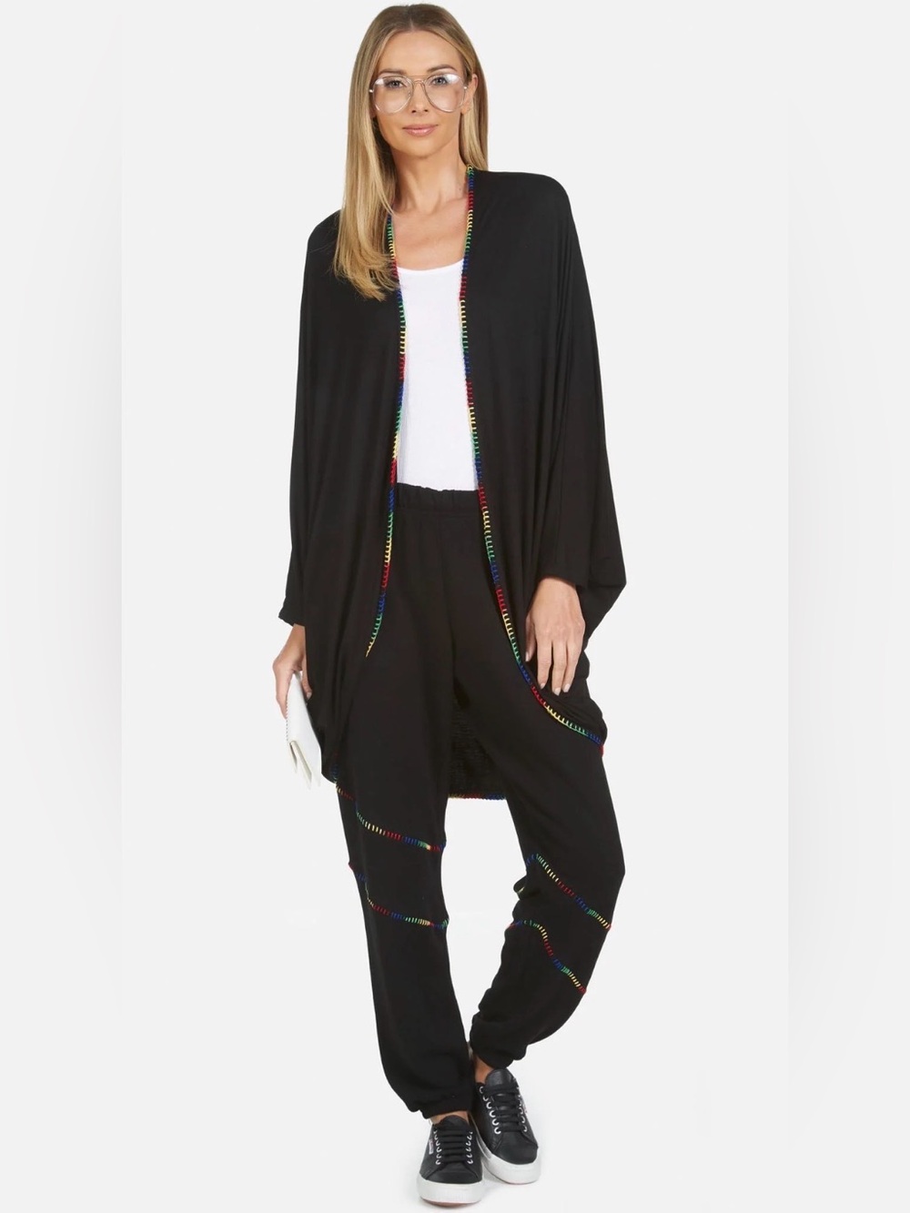 Abra Cool Skull Black Shrug with Rainbow Stitch Trim